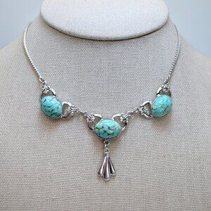 VTG Sterling Silver 925 Turquoise Three Stone Chain Necklace Size 14" Adjustable